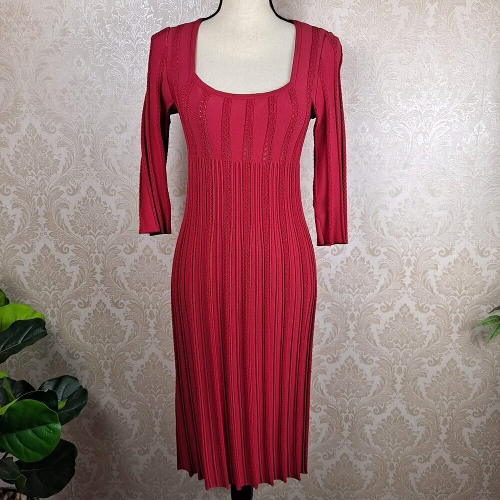 Alaia Paris Size 44 (US 12) Red Scoop Neck Ribbed Knit Dress 3/4 Sleeves Stretch